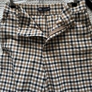 Zara Brown Black White Checked Boot Cut Pants